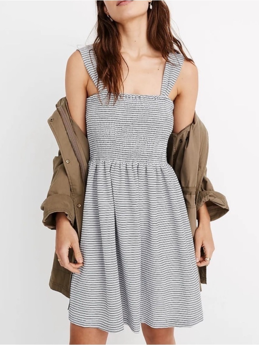 Madewell Texture & Thread Smocked Dress in White Ellis Stripe Size XL